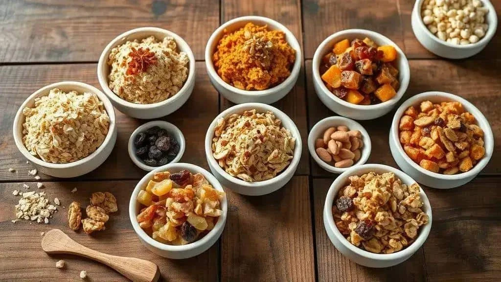 Small bowls of farofa and dried fruit variations