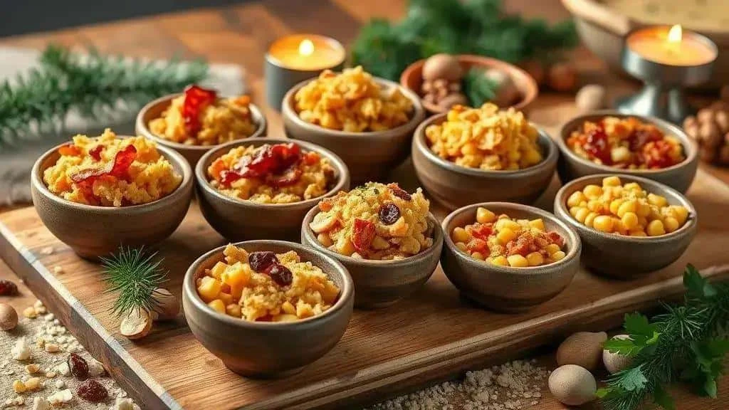 Small bowls of farofa variations on a festive serving board