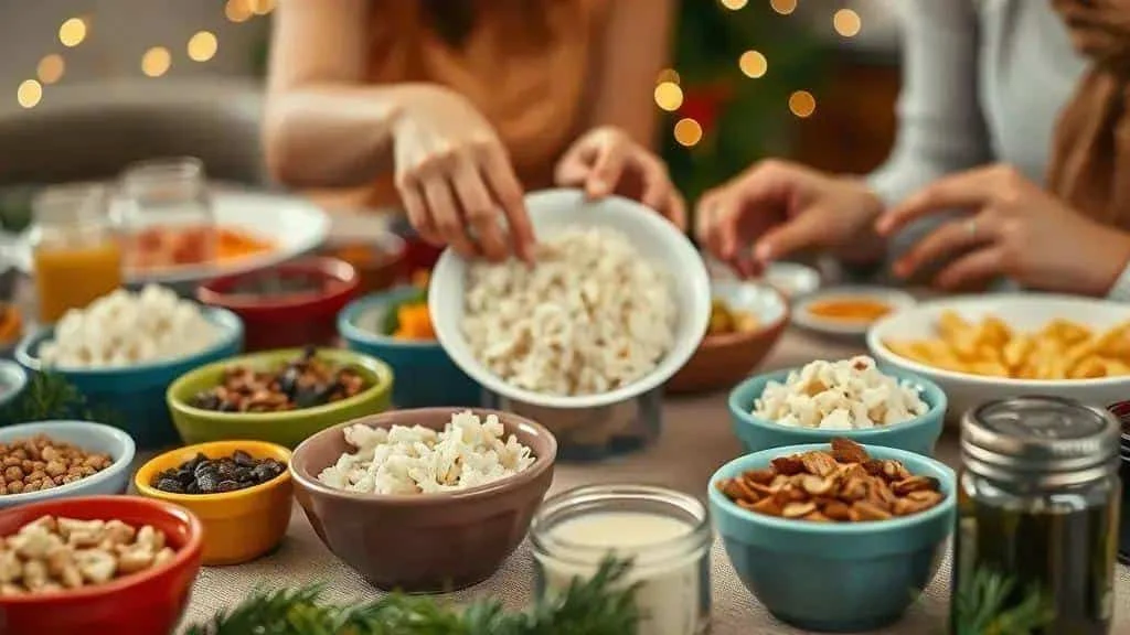 Small bowls of rice dried fruit and crunchy additions for guests to choose