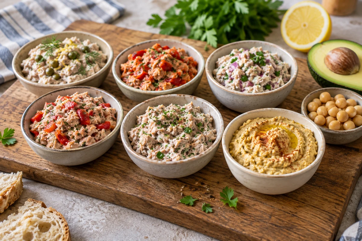 Small bowls of tuna and chickpea spread variations