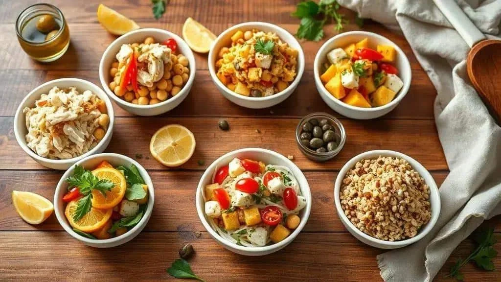 Small bowls showing salt cod and chickpea salad variations Small bowls showing salt cod and chickpea salad variations