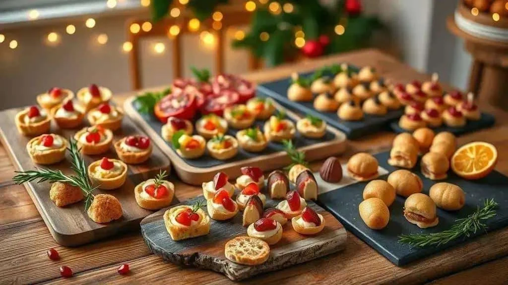 Small canapes and cheese bites for a Christmas party