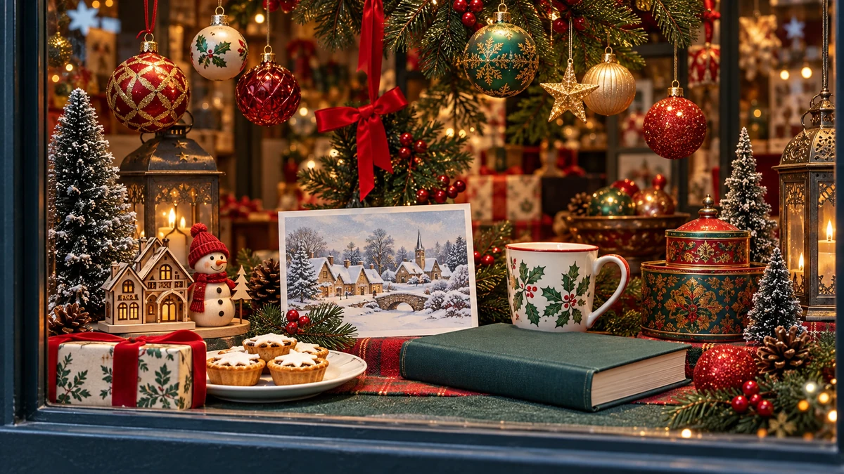 Small Christmas ornament and postcard in a souvenir display