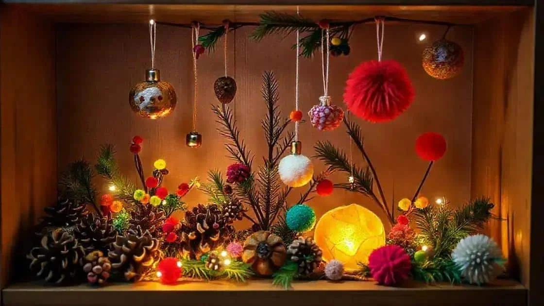 Small Christmas ornaments arranged on a shelf