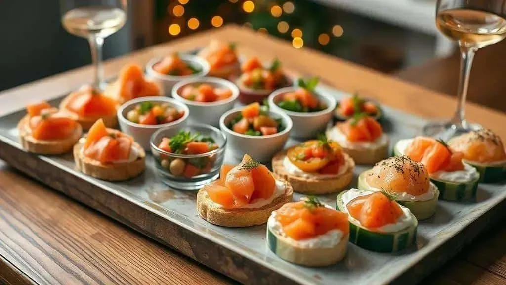 Small cold starters arranged on a festive serving tray