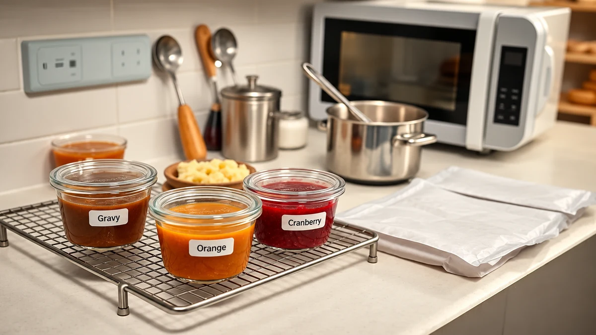 Small containers labelled Gravy, Orange and Cranberry on a cooling rack Small containers labelled Gravy, Orange and Cranberry on a cooling rack