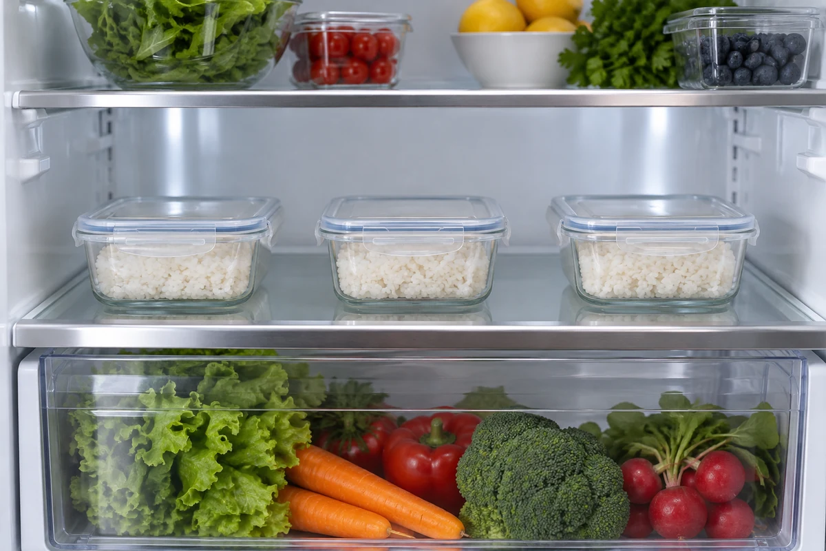 Small covered containers of cooked rice stored in a refrigerator