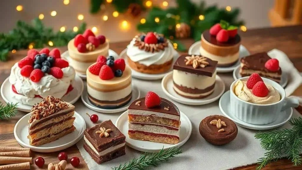 Small festive cakes and chocolate desserts arranged on a table