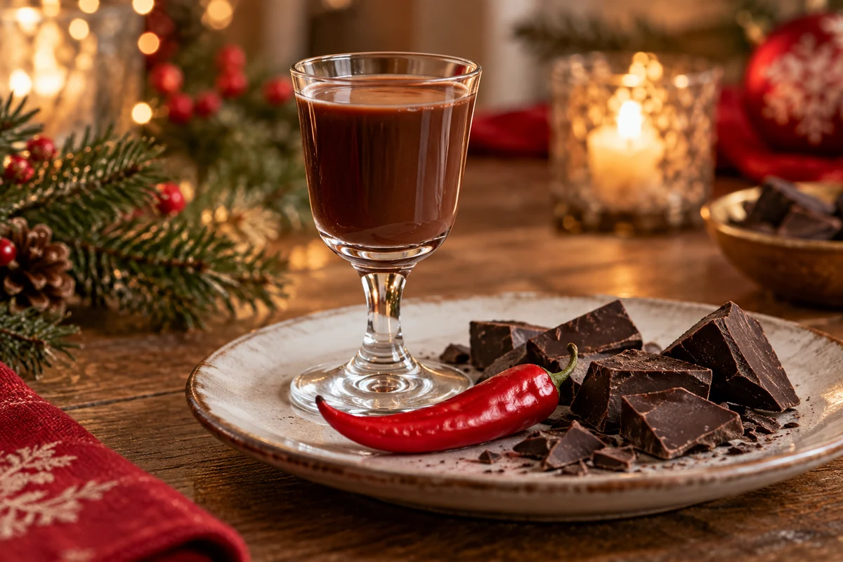 Small glass of chocolate liqueur with a red chilli