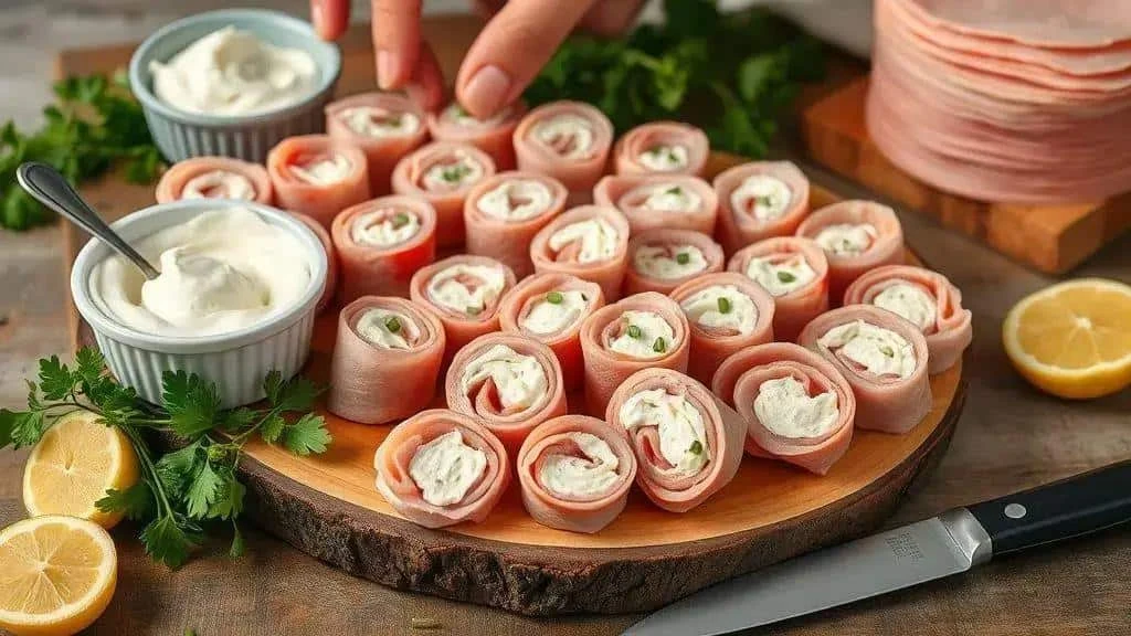 Small ham rolls filled with cream cheese and herbs