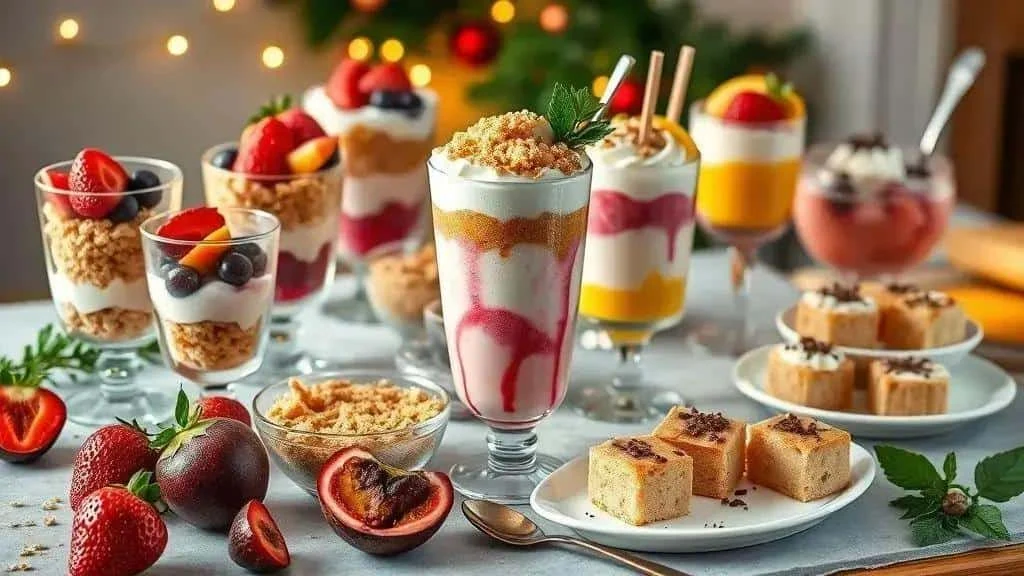Small layered dessert glasses with fruit and biscuit crumbs