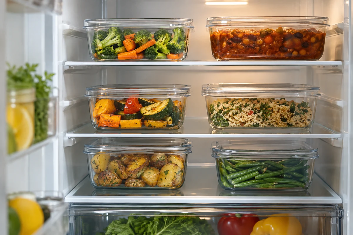 Small portions of cooked food stored in a clean refrigerator