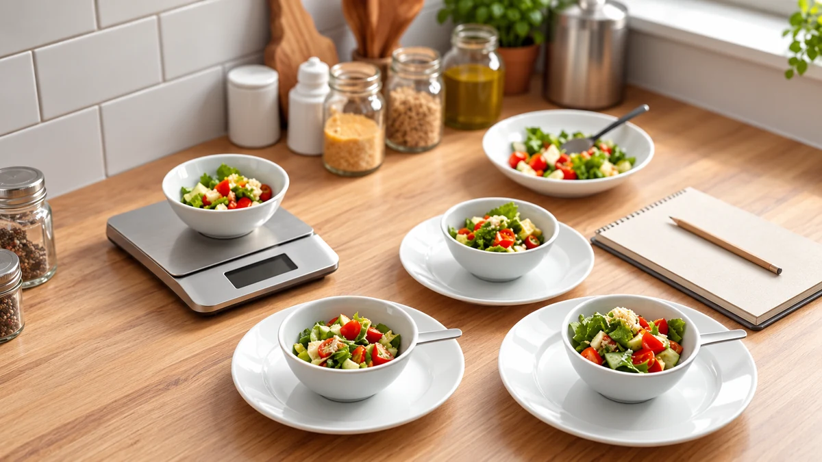 Small salad servings with kitchen scales for portion planning
