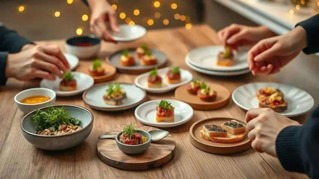 Small starter plates being assembled for a party