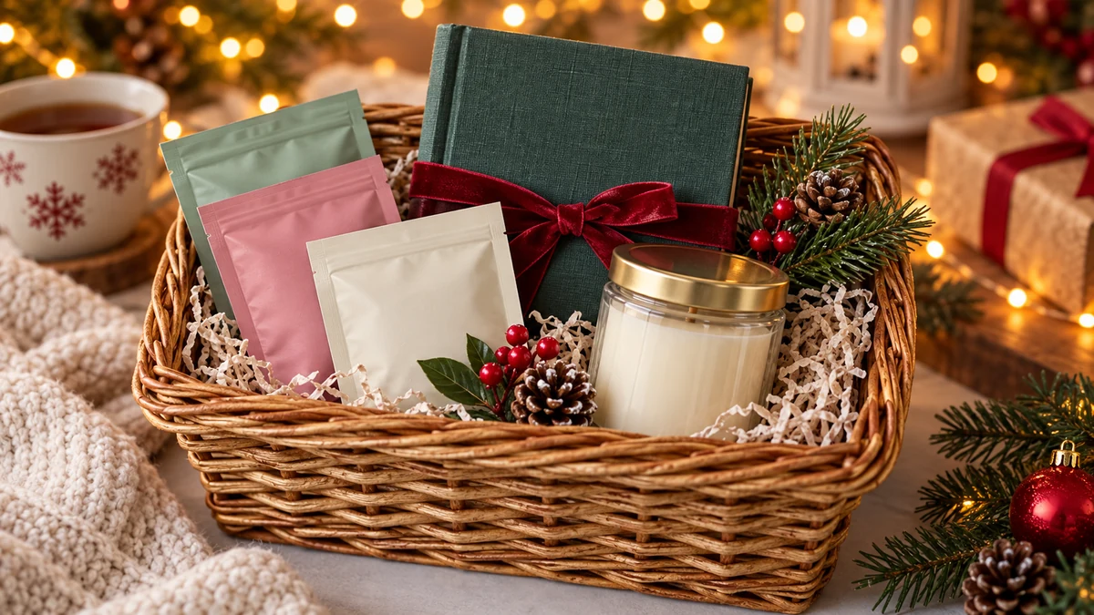 Small tea and reading gift basket with an unlit candle