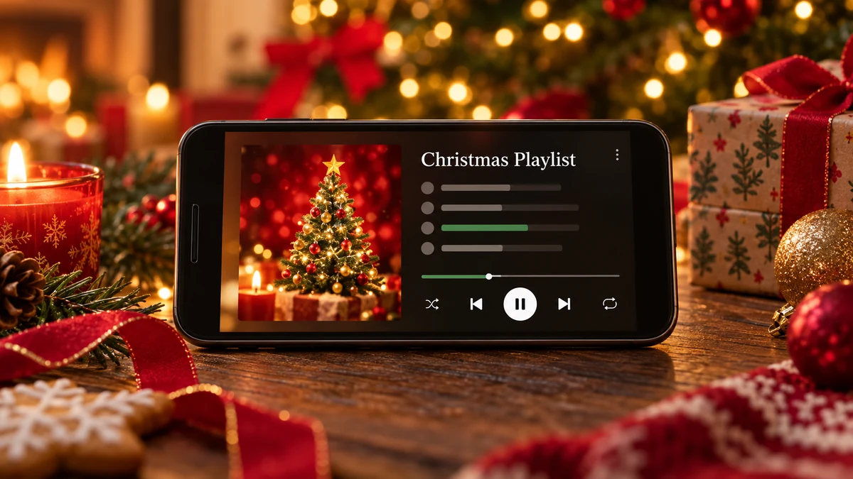 Smartphone showing a Christmas Playlist music player