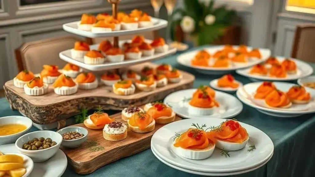Smoked salmon canapés on a party platter