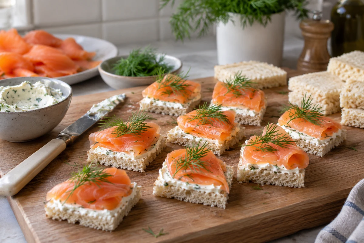 Smoked salmon canapes on a serving board