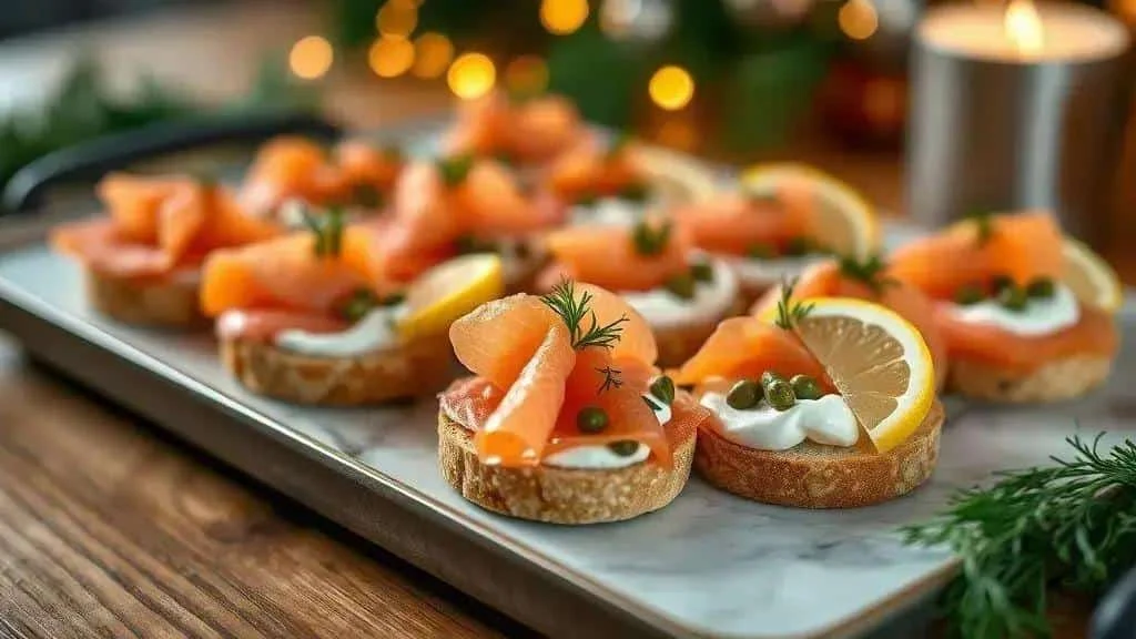 Smoked salmon canapes with cream cheese, dill and capers