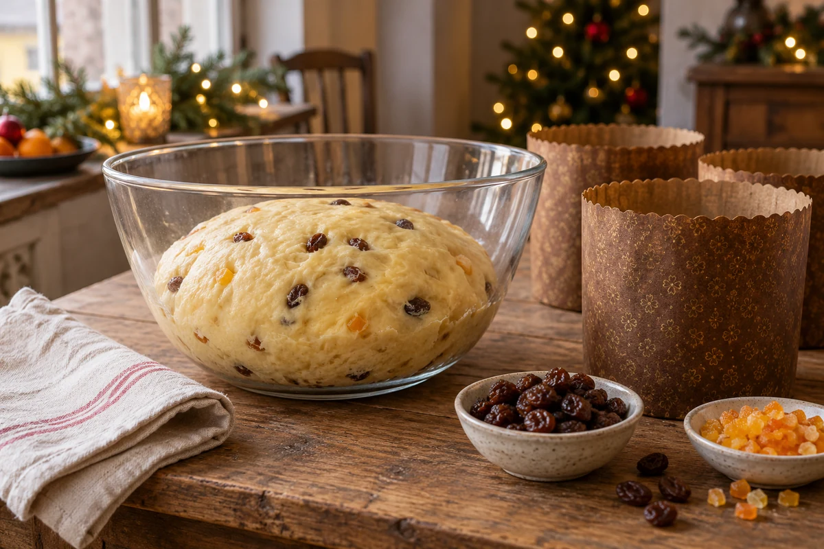 Smooth enriched panettone dough rising in a bowl