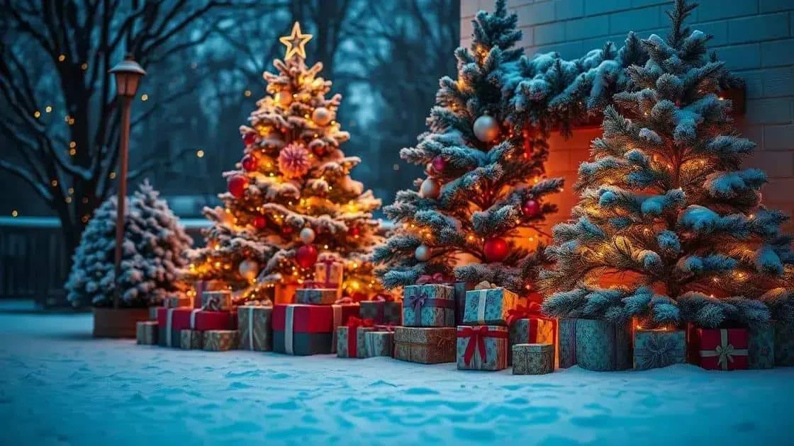 Snow-covered Christmas trees beneath a starry sky