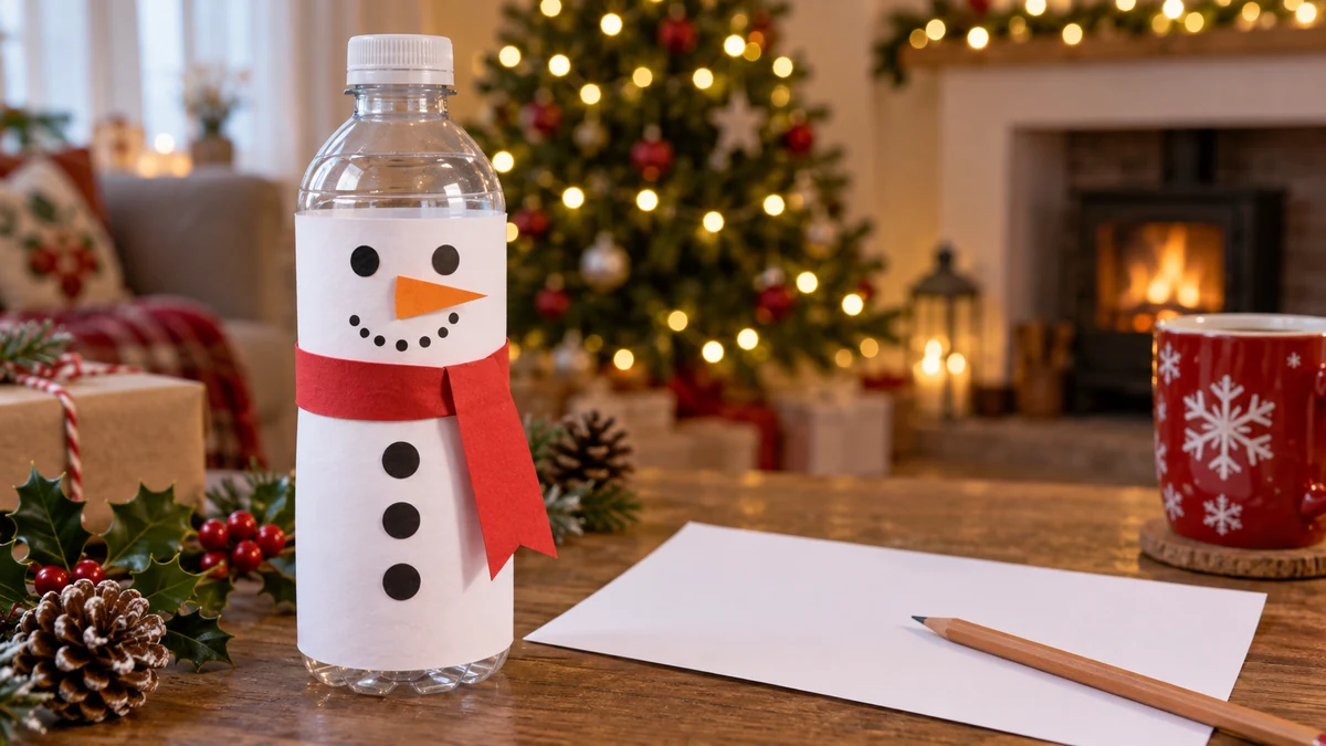Snowman made from an intact bottle and paper sleeve