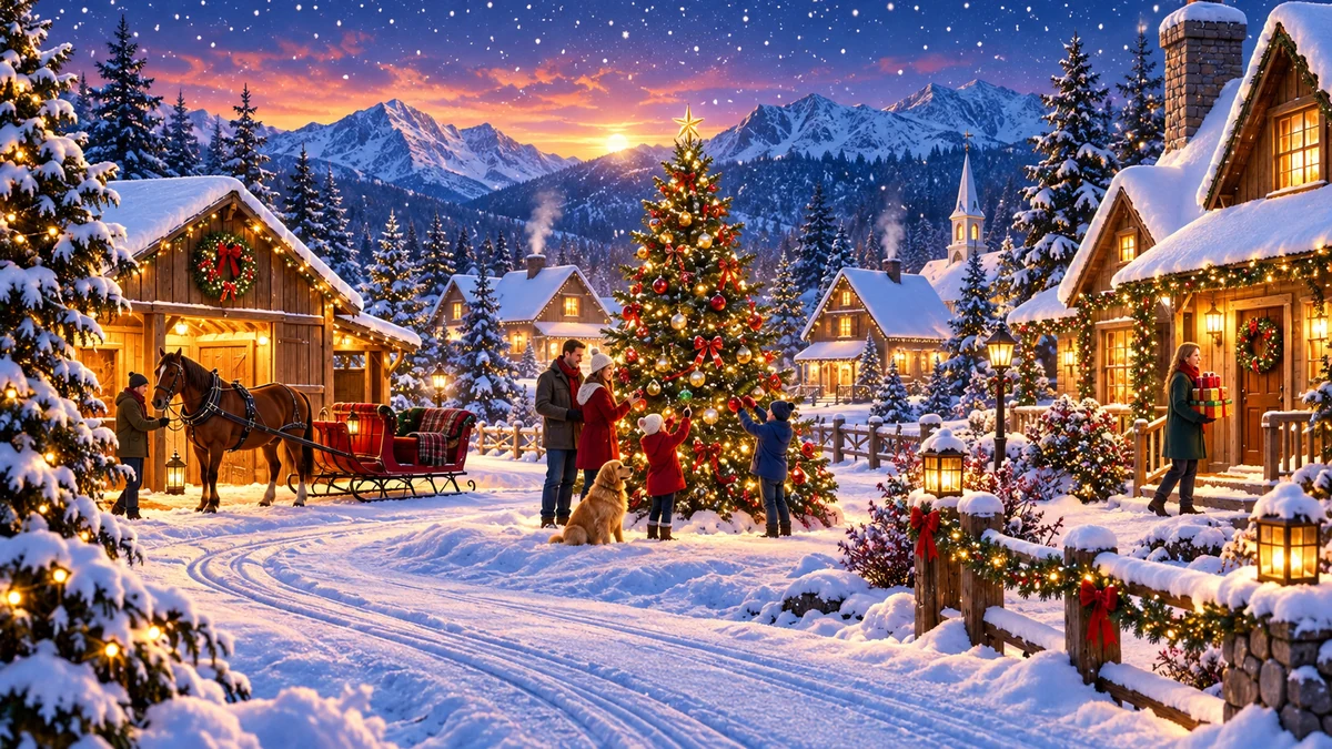 Snowy village decorated with warm Christmas lights
