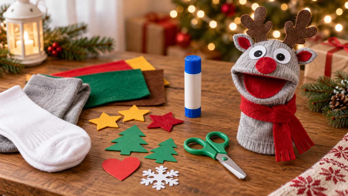Socks felt and craft supplies for a Christmas puppet
