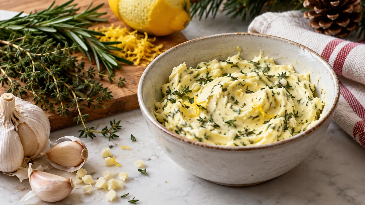 Softened herb butter with lemon garlic rosemary and thyme