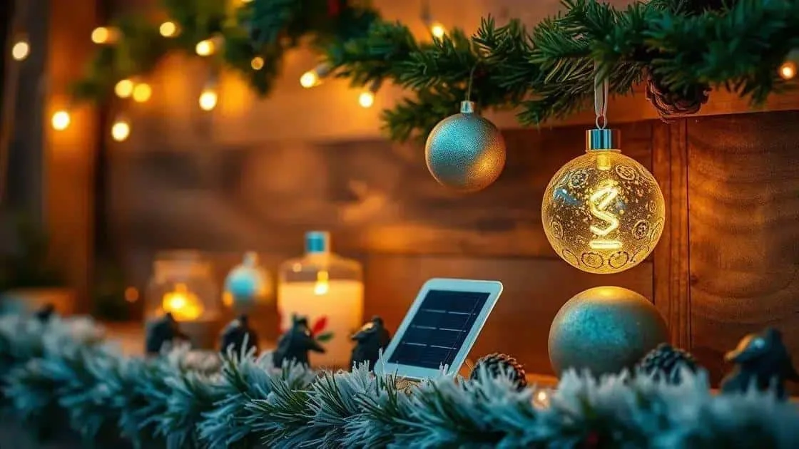 Solar panel beside illuminated Christmas baubles