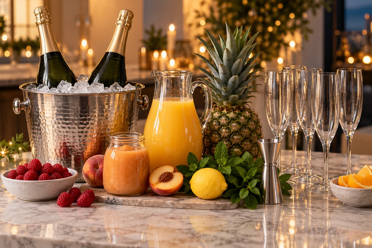 Sparkling wine, fruit and cocktail glasses