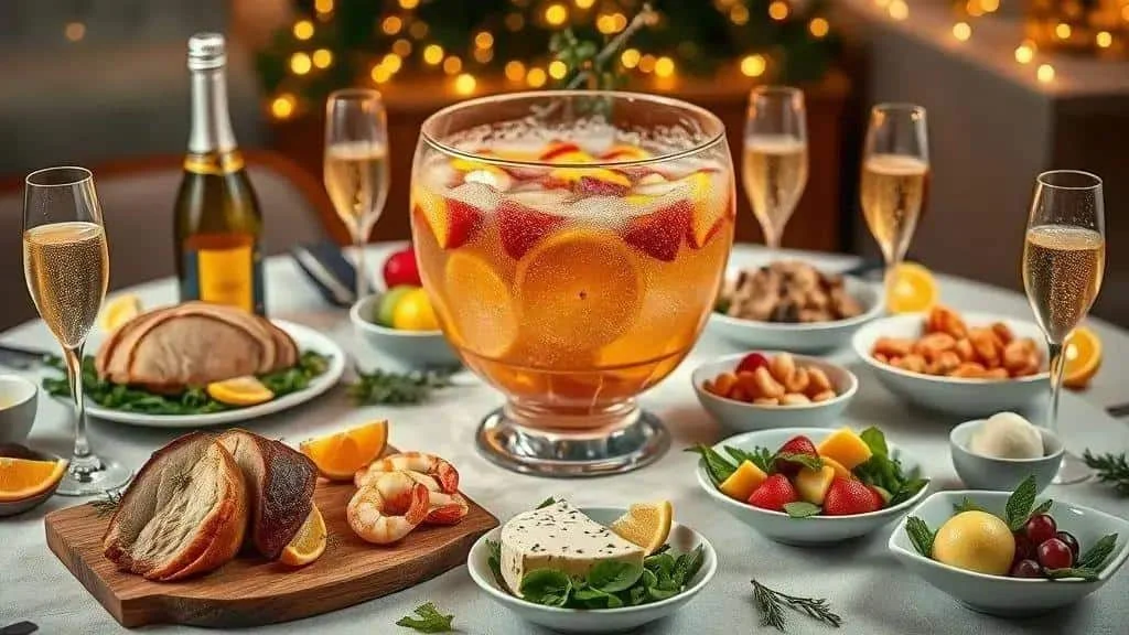 Sparkling wine fruit punch served with celebration food