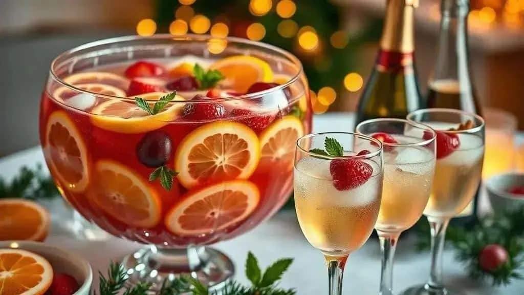 Sparkling wine fruit punch with orange and strawberries