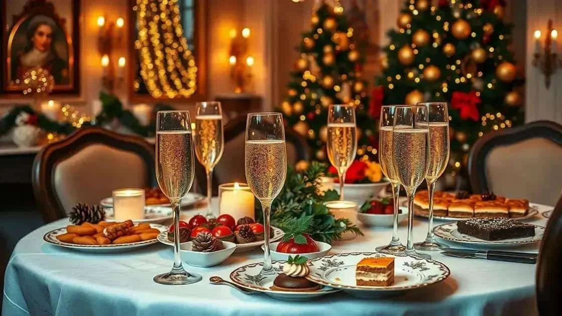 Sparkling wine glasses beside festive desserts Sparkling wine glasses beside festive desserts