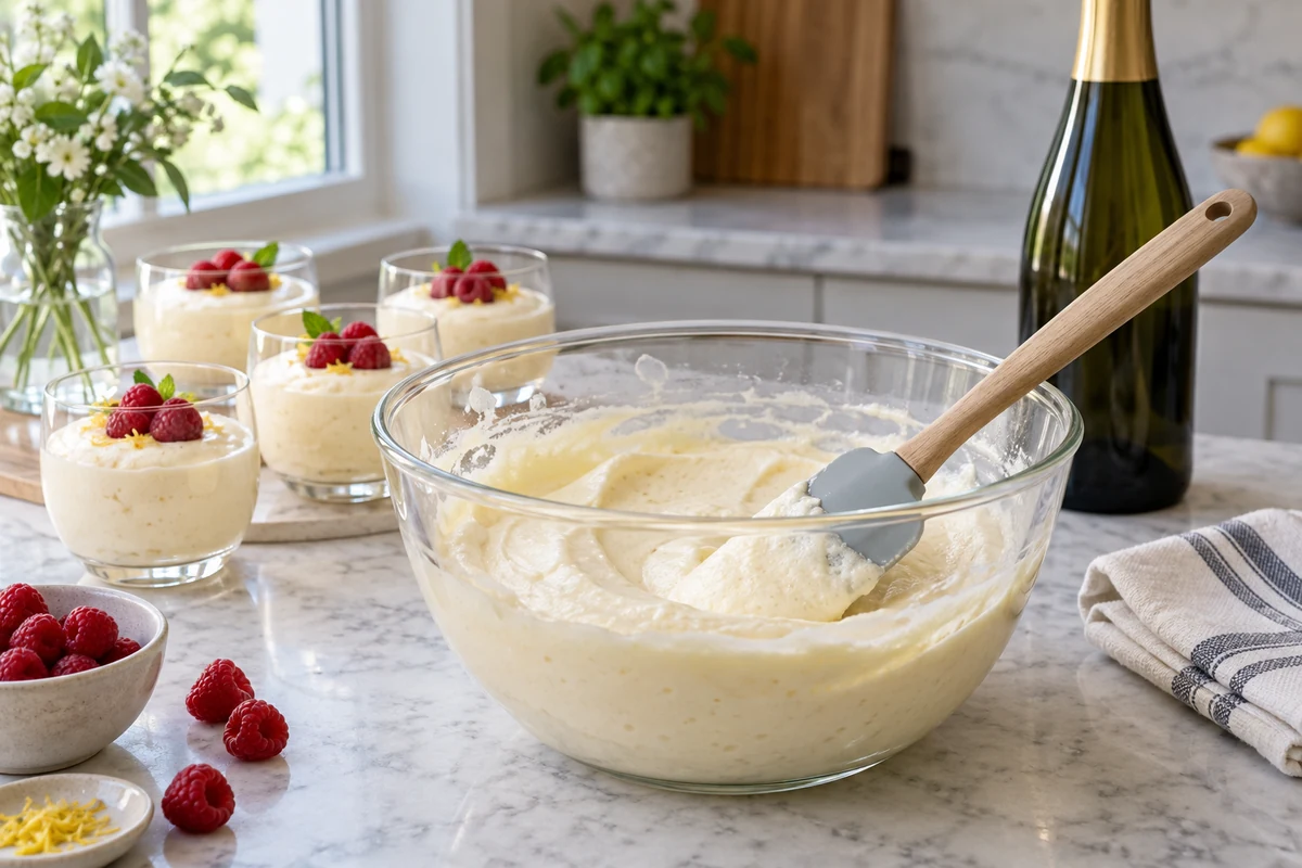Sparkling wine mousse in a mixing bowl ready for portioning