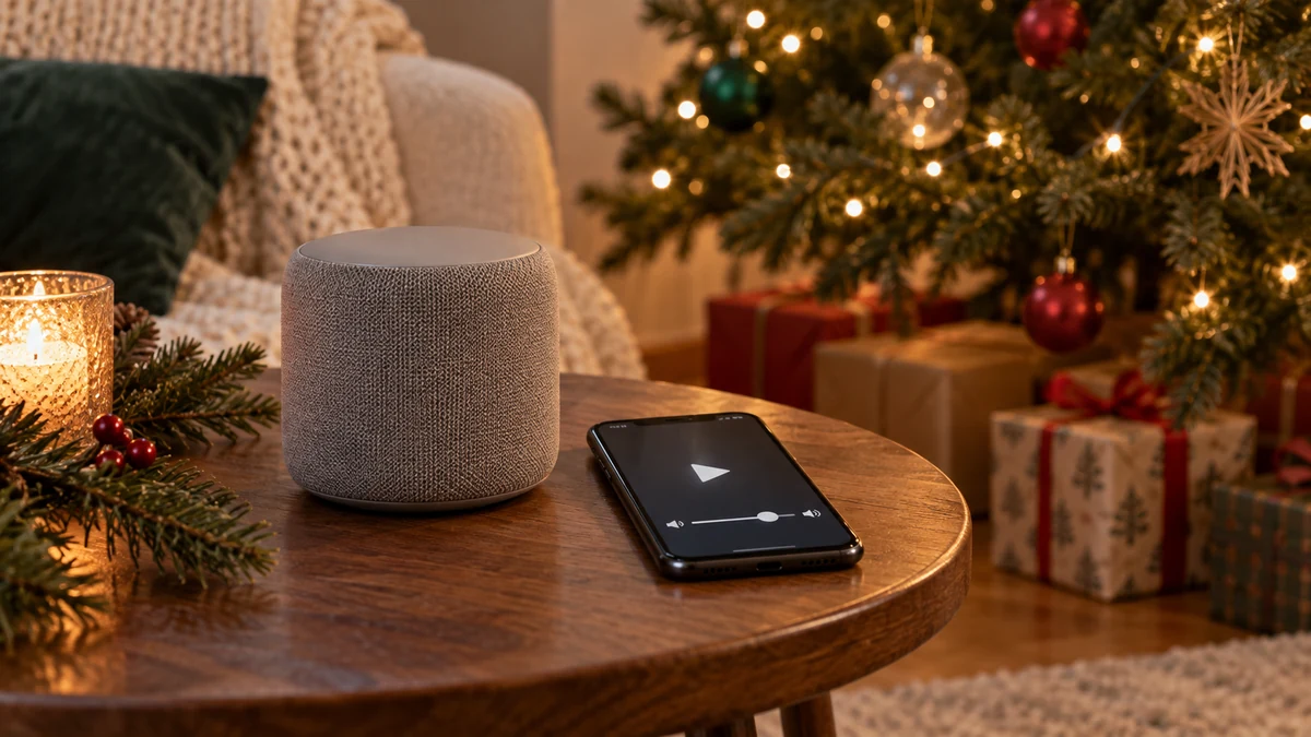 Speaker and phone beside a Christmas tree