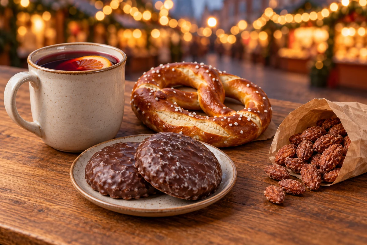 Spiced drink pretzel Lebkuchen and roasted almonds Spiced drink pretzel Lebkuchen and roasted almonds