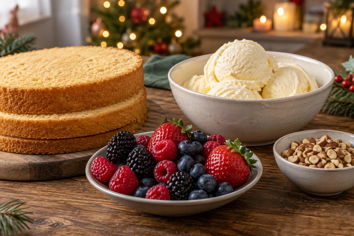Sponge ice cream berries and nuts for Christmas ice cream cake