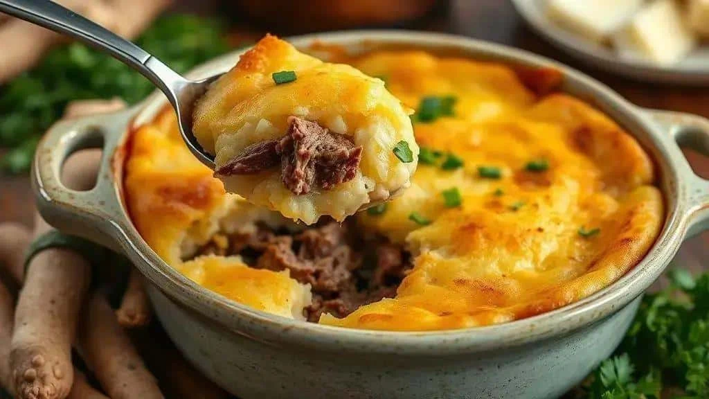 Spoonful of salted beef and cassava pie