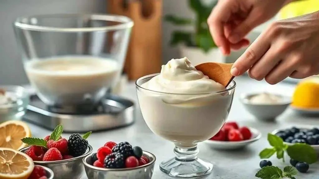 Spooning white chocolate mousse into a glass
