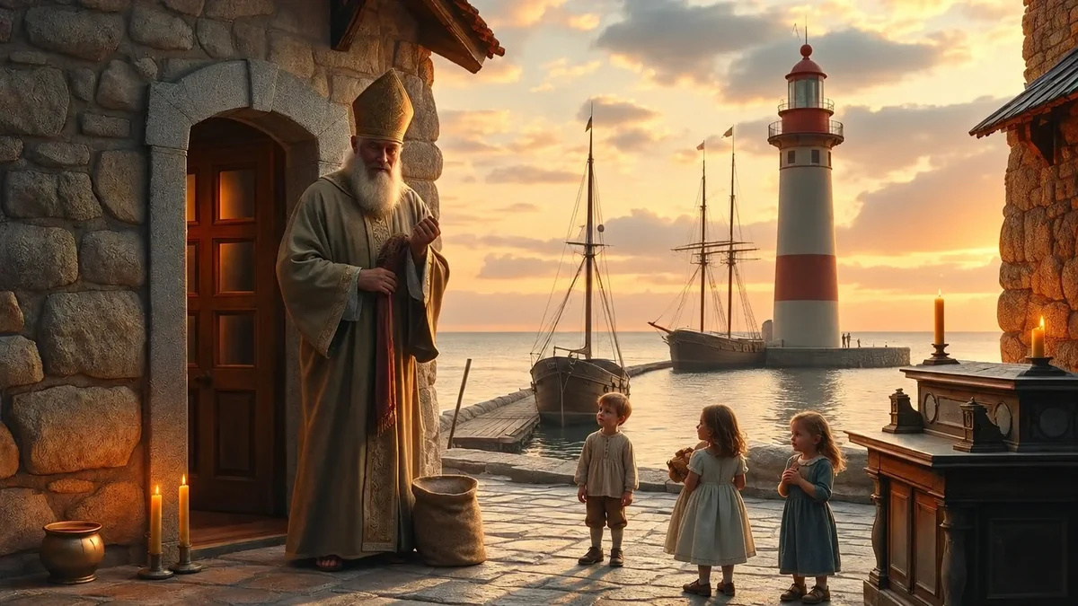 St Nicholas and children in a historical harbour illustration St Nicholas and children in a historical harbour illustration