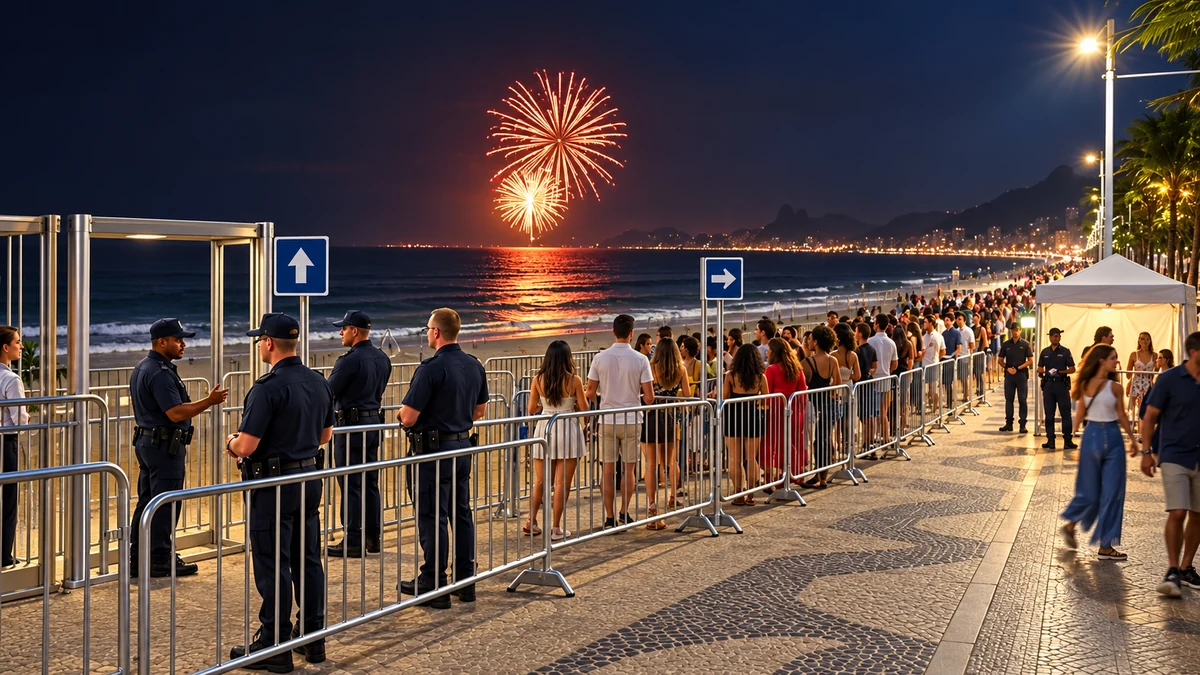Staffed barriers and queues at an illustrated beach celebration Staffed barriers and queues at an illustrated beach celebration