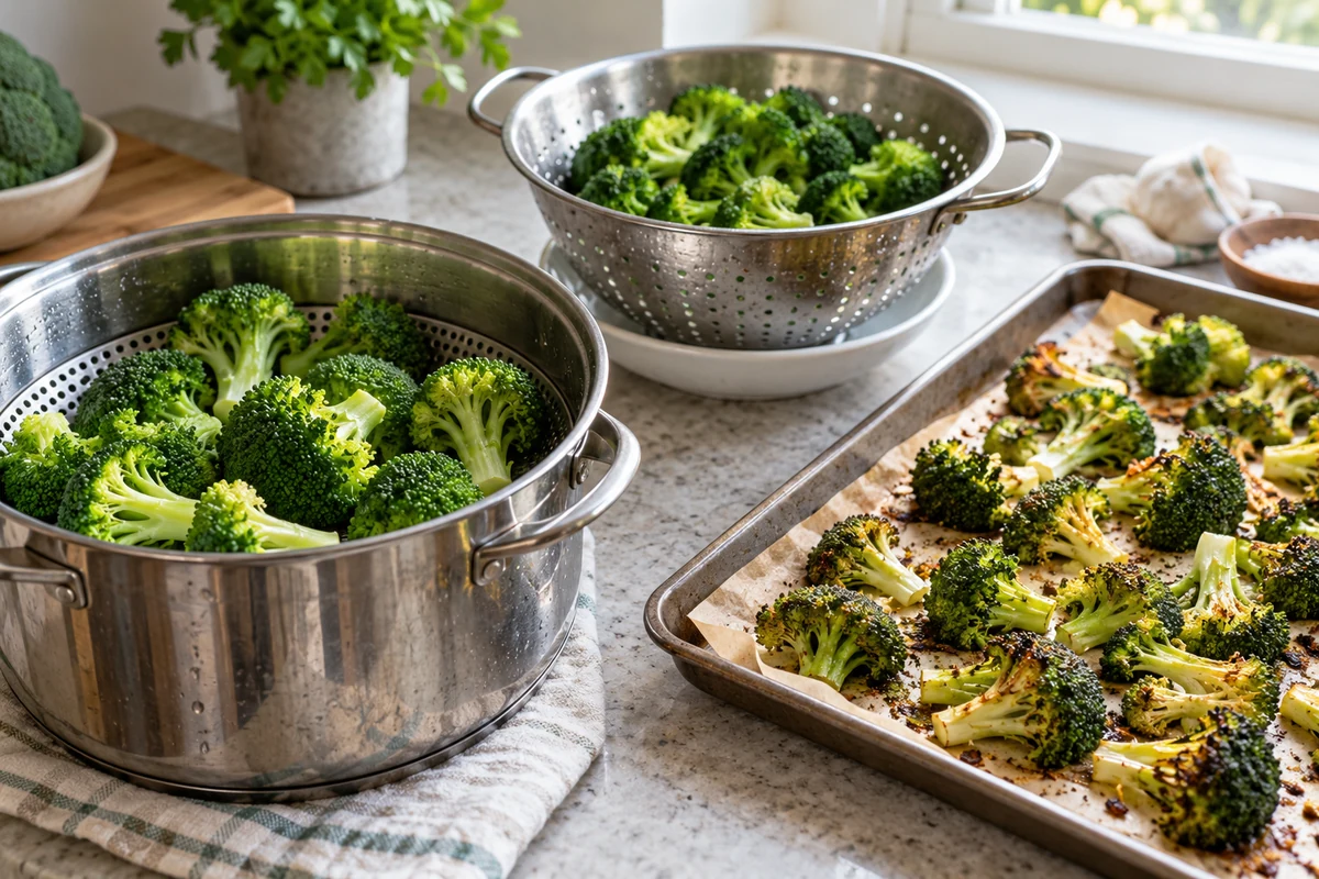 Steamed, drained and roasted broccoli preparation methods Steamed, drained and roasted broccoli preparation methods