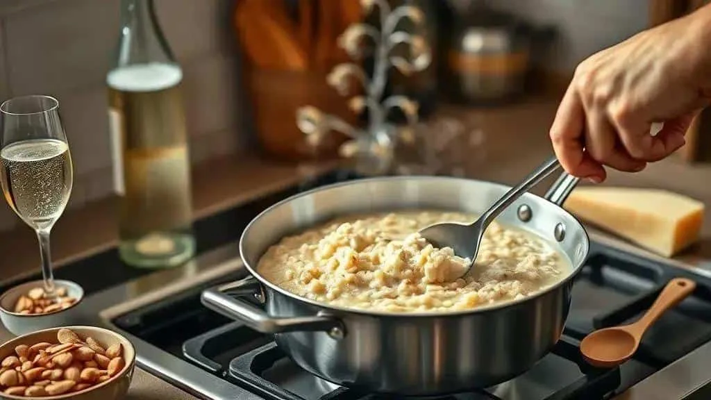 Stirring creamy risotto in a stainless steel pan