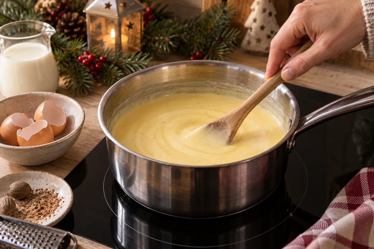 Stirring eggnog custard in a saucepan Stirring eggnog custard in a saucepan