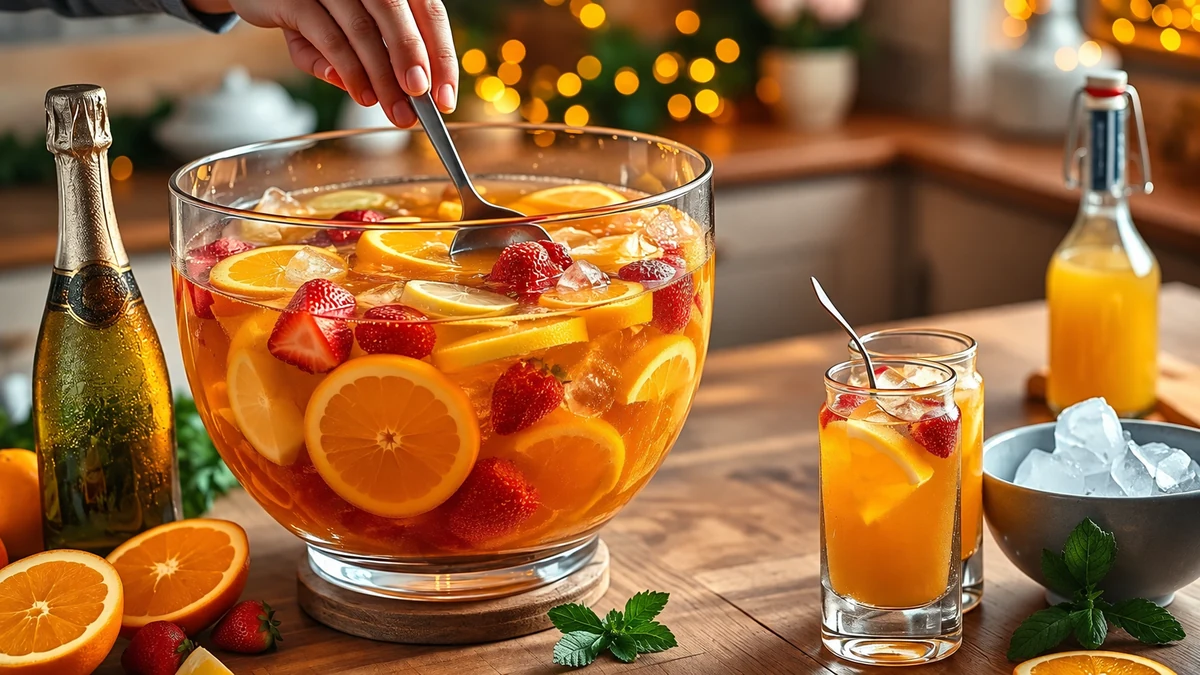 Stirring sparkling wine punch with citrus and strawberries