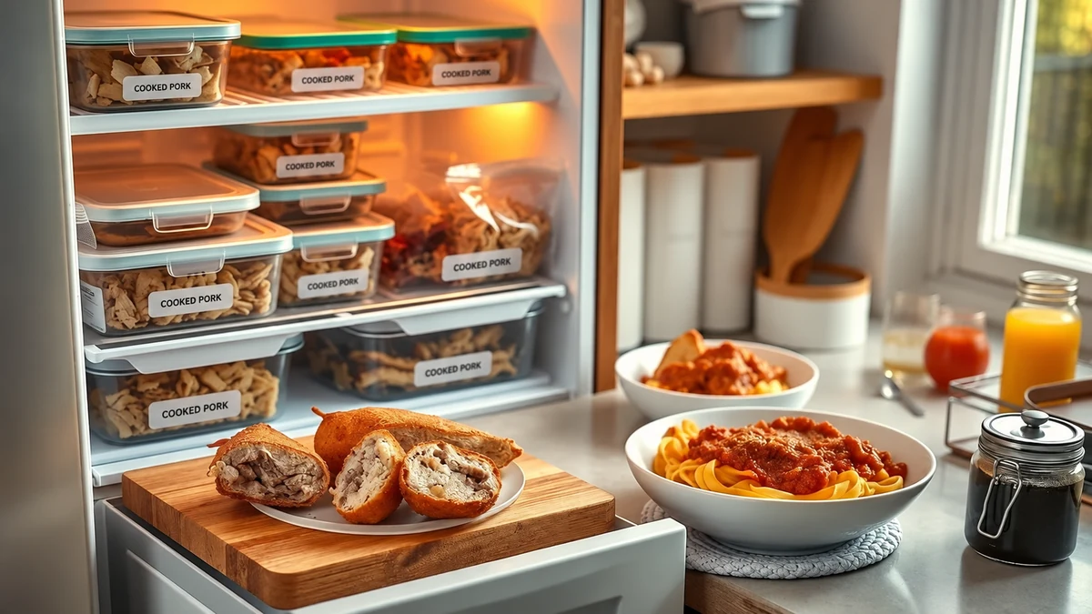 Stored cooked pork portions with croquettes and pasta serving ideas Stored cooked pork portions with croquettes and pasta serving ideas