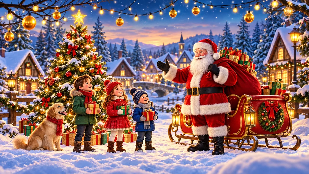 Storybook illustration of Father Christmas with three children