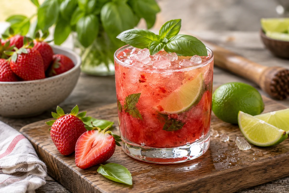 Strawberry and basil caipirinha garnished with fresh fruit