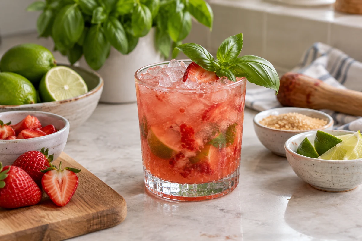 Strawberry and basil cocktail prepared with lime Strawberry and basil cocktail prepared with lime